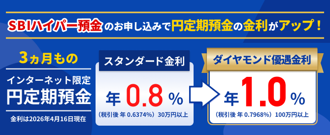 SBIハイパー預金のお申し込みで円定期預金の金利がアップ！3ヵ月ものインターネット限定円定期預金。ダイヤモンド優遇金利。金利は2026年4月16日現在。