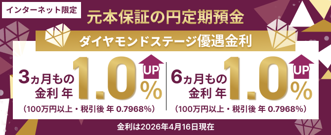 元本保証の円定期預金 ダイヤモンドステージ優遇金利 3ヵ月もの6ヵ月もの金利年1.0% 100万円以上・税引後年0.7968% 金利は2026年4月16日現在