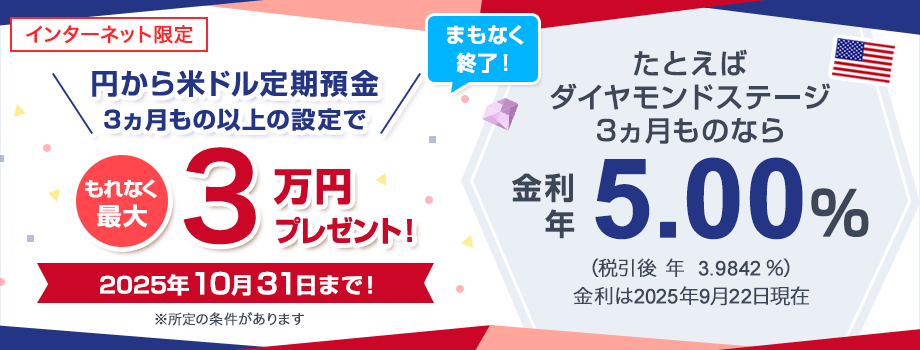 円から米ドル定期預金3ヵ月もの以上の設定でもれなく最大3万円キャッシュプレゼントキャンペーン（インターネット限定）