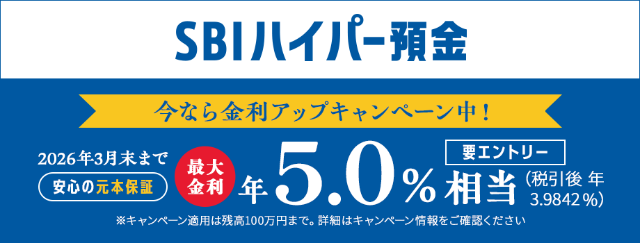 安心の元本保証のSBIハイパー預金今なら金利アップキャンペーン実施中！税引前最大年5.0%相当。※要エントリー。※キャンペーン適用は残高100万円まで。詳細はキャンペーン情報をご確認ください。
