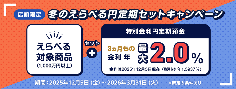 冬のえらべる円定期セットCP。えらべる対象商品とセットで特別金利円定期預金3カ月物最大年2.0％（税引後年1.5937％）。所定の条件あり。期間は2025年12月5日（金）～2026年3月31日（火）