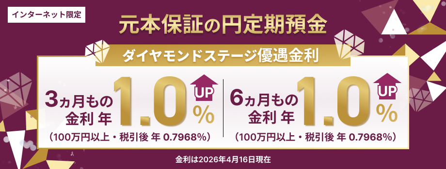 元本保証の円定期預金 ダイヤモンドステージ優遇金利 3ヵ月もの6ヵ月もの金利年1.0% 100万円以上・税引後年0.7968% 金利は2026年4月16日現在