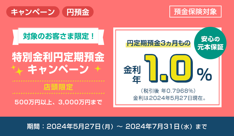 3ヵ月もの円定期預金 金利年1.0％（税引前）