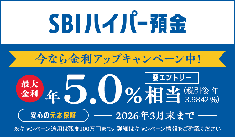 安心の元本保証のSBIハイパー預金今なら金利アップキャンペーン実施中！税引前最大年5.0%相当。※要エントリー。※キャンペーン適用は残高100万円まで。詳細はキャンペーン情報をご確認ください。
