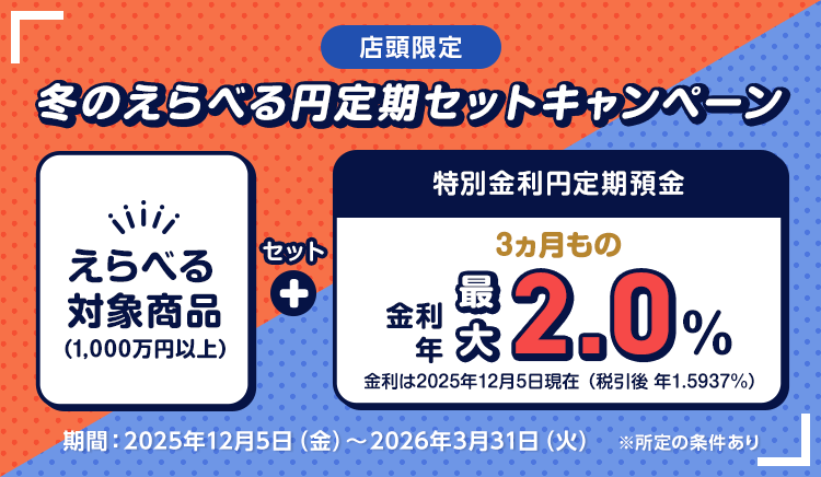 冬のえらべる円定期セットCP。えらべる対象商品とセットで特別金利円定期預金3カ月物最大年2.0％（税引後年1.5937％）。所定の条件あり。期間は2025年12月5日（金）～2026年3月31日（火）