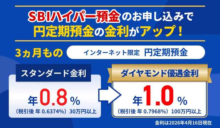 SBIハイパー預金のお申し込みで円定期預金の金利がアップ！3ヵ月ものインターネット限定円定期預金。ダイヤモンド優遇金利。金利は2026年4月16日現在。