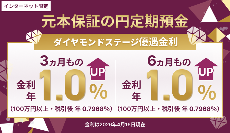 元本保証の円定期預金 ダイヤモンドステージ優遇金利 3ヵ月もの6ヵ月もの金利年1.0% 100万円以上・税引後年0.7968% 金利は2026年4月16日現在