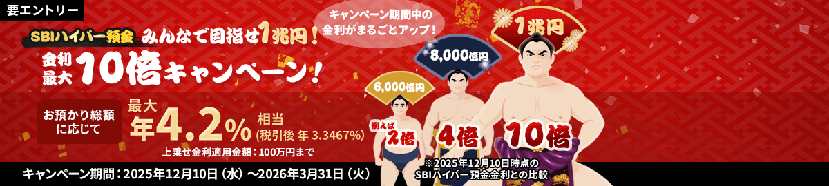 みんなで目指せ1兆円！金利最大10倍キャンペーン金利最大年4.2％相当税引後（3.3467％）2025年12月10日開始2026年3月31日まで。要エントリー上乗せ金利適用金額：100万円まで