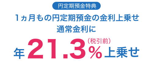 円定期預金特典：1ヵ月もの円定期預金の金利上乗せ 通常金利に年21.3%（税引前）上乗せ