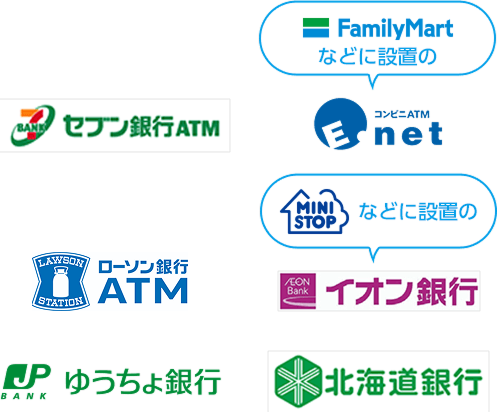 セブン銀行ATM/FamilyMartなどに設置のコンビニATM Enet/ローソンATM/MINISTOPなどに設置のイオン銀行/ゆうちょ銀行/北海道銀行