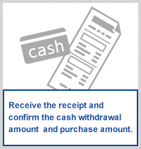 Receive the receipt and confirm the cash withdrawal amount  and purchase amount.