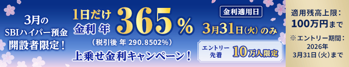 3月のSBIハイパー預金開設者限定キャンペーンとして、3月31日限定で年365％（税引後290.8502％）の金利が適用され、先着10万人、適用残高上限100万円、エントリー期限は2026年3月31日まで。