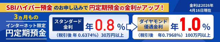 SBIハイパー預金のお申し込みで円定期預金の金利がアップ！3ヵ月ものインターネット限定円定期預金。ダイヤモンド優遇金利。金利は2026年4月16日現在。