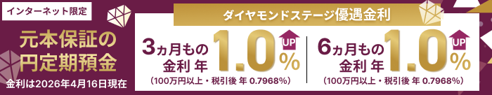 元本保証の円定期預金 ダイヤモンドステージ優遇金利 3ヵ月もの6ヵ月もの金利年1.0% 100万円以上・税引後年0.7968% 金利は2026年4月16日現在
