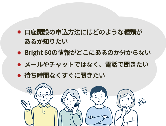 ・口座開設の申込方法にはどのような種類があるか知りたい・Bright 60の情報がどこにあるのか分からない・メールやチャットではなく、電話で聞きたい・待ち時間なくすぐに聞きたい