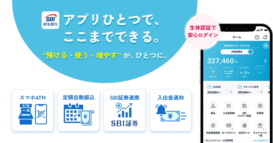 アプリひとつで、ここまでできる。”預ける・使う・増やす”が、ひとつに。生体認証で安心ログイン。スマホATM、定額自動振込、SBI証券連携、入出金通知