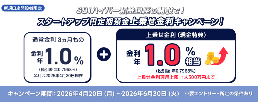 新規口座開設者限定 SBIハイパー預金口座の開設で金利上乗せ！スタートアップ円定期預金上乗せ金利キャンペーン