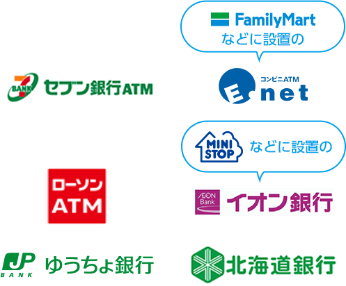 セブン銀行ATM/FamilyMartなどに設置のコンビニATM Enet/ローソンATM/MINISTOPなどに設置のイオン銀行/ゆうちょ銀行/北海道銀行
