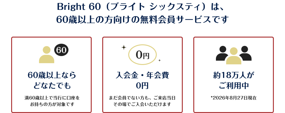 Bright 60（ブライト シックスティ）は、60歳以上の方向けの無料会員サービスです。60歳以上ならどなたでも。入会金・年会費0円・約18万人がご利用中