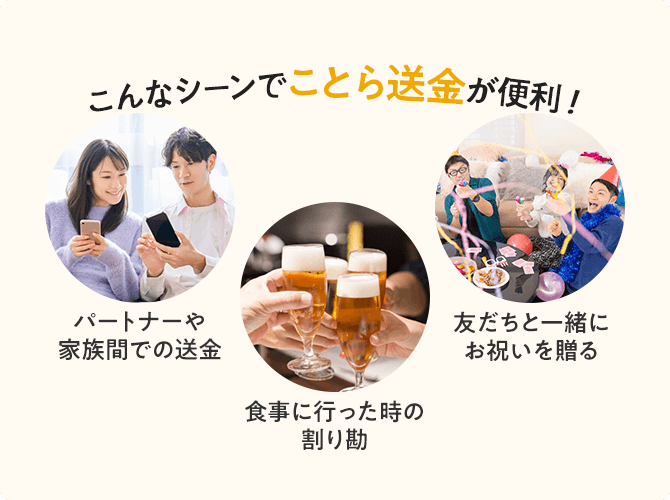 こんなシーンでことら送金が便利！パートナーや家族間での送金、食事に行った時の割り勘、友だちと一緒にお祝いを贈る