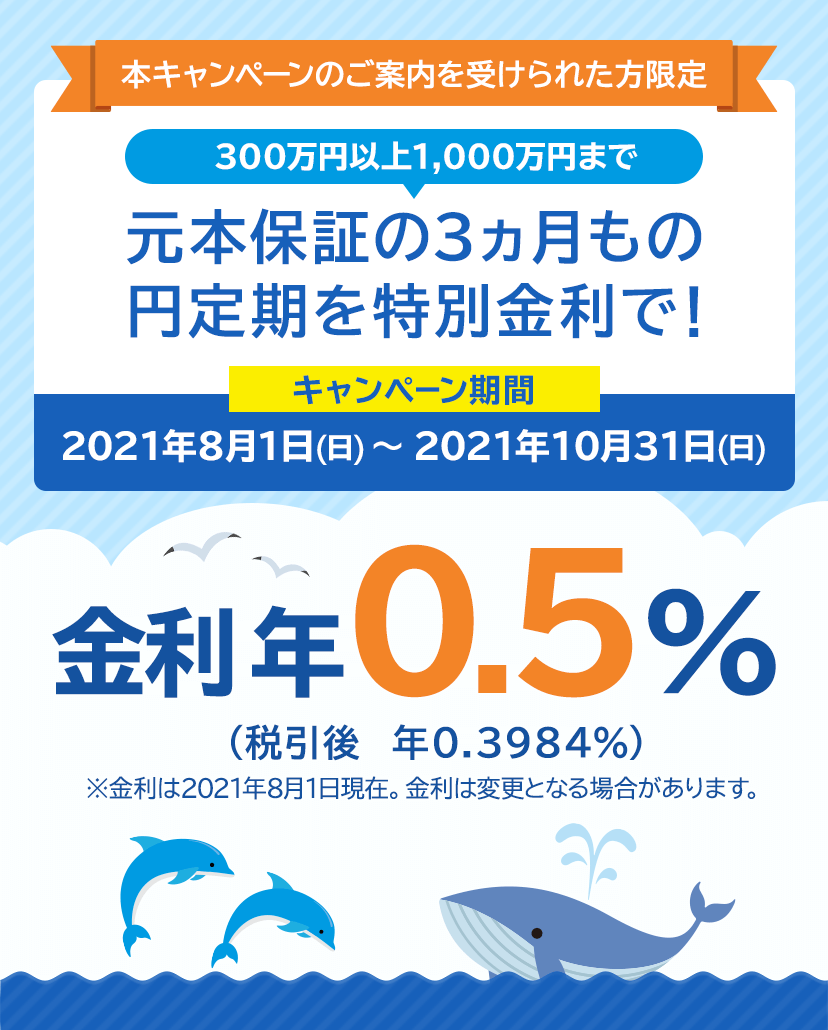 本キャンペーンのご案内を受けられた方限定 元本保証の3ヵ月もの円定期を特別金利で!