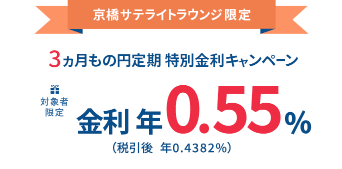 対象者限定 京橋サテライトラウンジ限定 3ヵ月もの円定期 特別金利キャンペーン 金利 年0.55%
