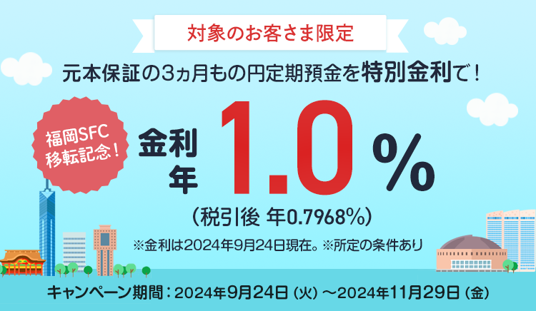 福岡SFC移転記念！対象のお客さま限定で、元本保証の3ヵ月もの円定期を特別金利で！金利年1.0%、税引後金利年0.7968%