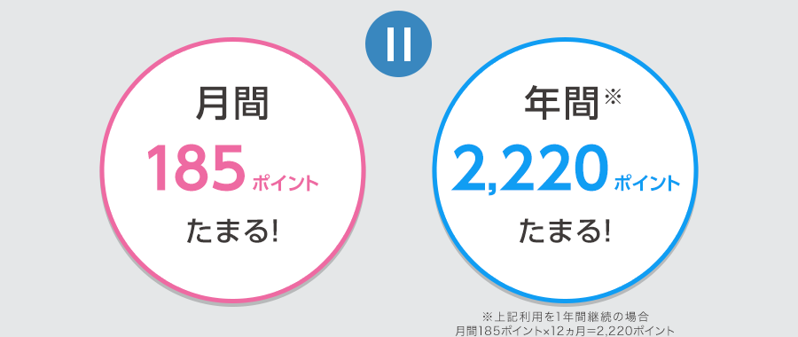月間185ポイントたまる！ 年間※2,220ポイントたまる！ ※上記利用を1年間継続の場合 月間185ポイント×12ヵ月＝2,220ポイント