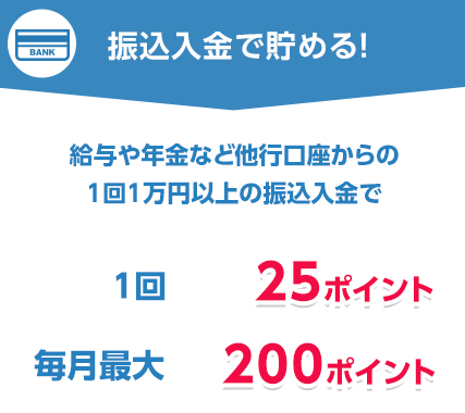 振込入金で貯める!給与や年金など、他行口座からの1回1万円以上の振込入金で! 1回で25ポイント 毎月最大200ポイント