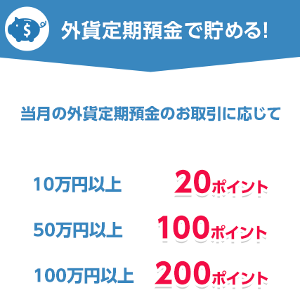 外貨定期預金で貯める!当月の外貨定期預金のお取引に応じて 10万円以上 20ポイント 50万円以上 100ポイント 100万円以上 200ポイント
