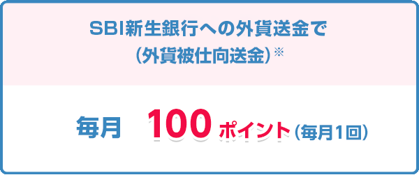 新生銀行への外貨送金で（外貨被仕向送金）毎月100ポイント（毎月1回）