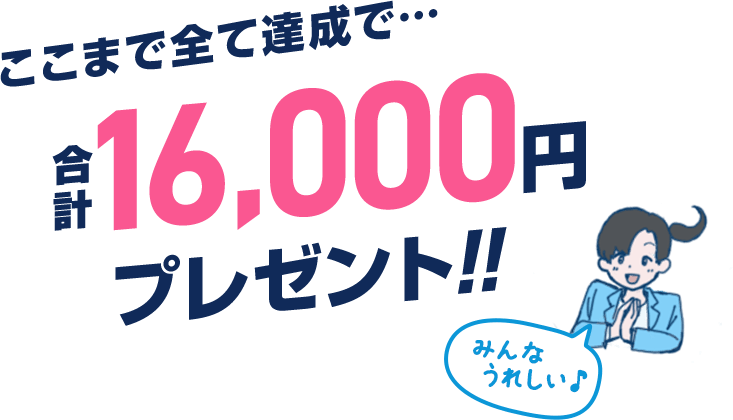 ここまで全て達成で、合計16,000円プレゼント！