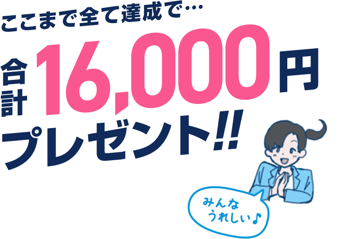 ここまで全て達成で、合計16,000円プレゼント！