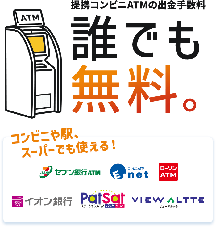提携コンビニATMの出金手数料誰でも無料。