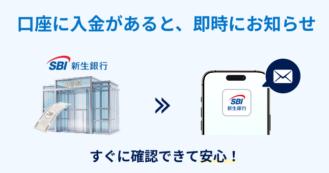 口座に入金があると即時にお知らせ　すぐに確認できて安心！