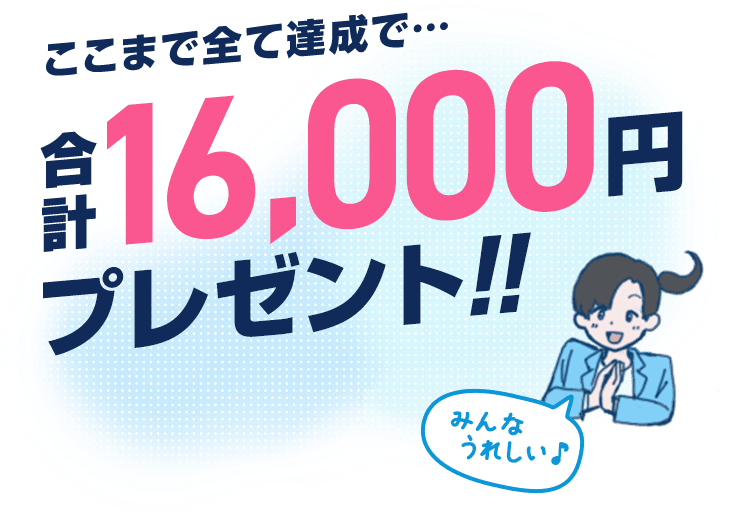 ここまで全て達成で、合計16,000円プレゼント！